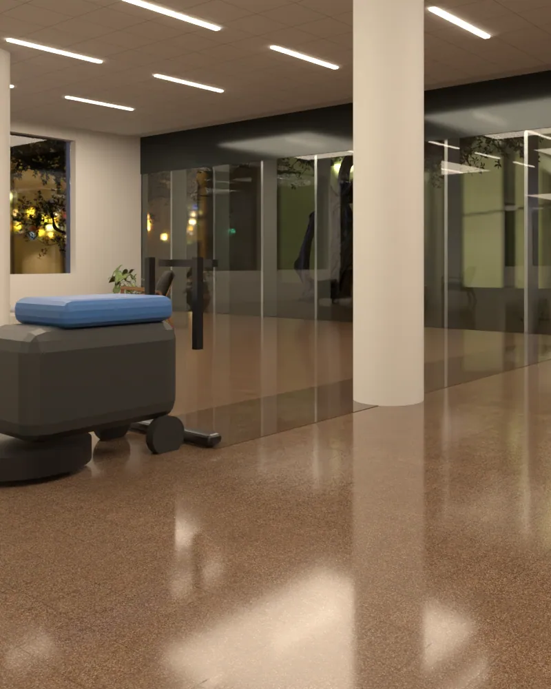Modell: Foyer mit glänzendem Steinboden und Scheuersaugmaschine, eine nasse Bahn auf dem Boden.