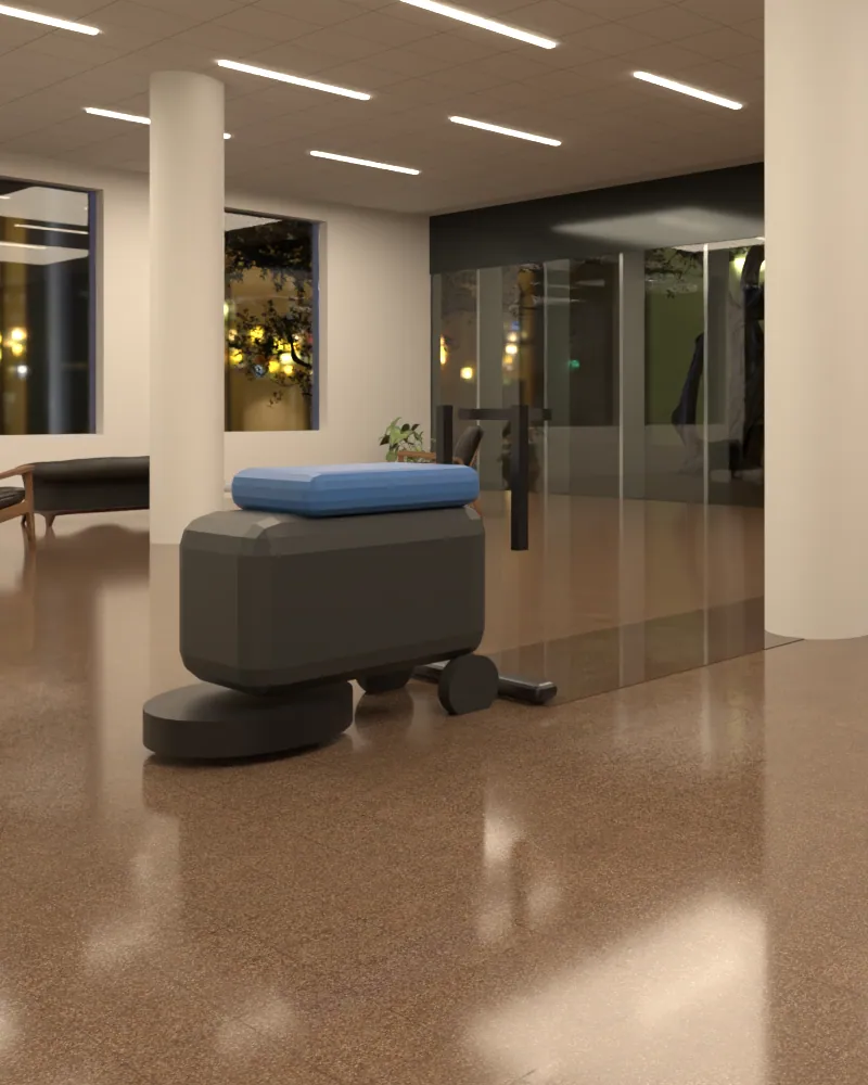 Modell: Scheuersaugmaschine mit Modellfigur im Foyer, nachts.